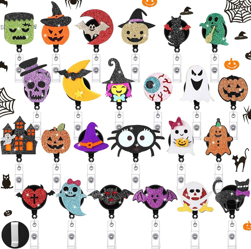 24 Pcs Halloween Badge Reels Retractable Felt Badge Holder with Clip Cute Ghost Pumpkin Bat Skull... | Amazon (US)