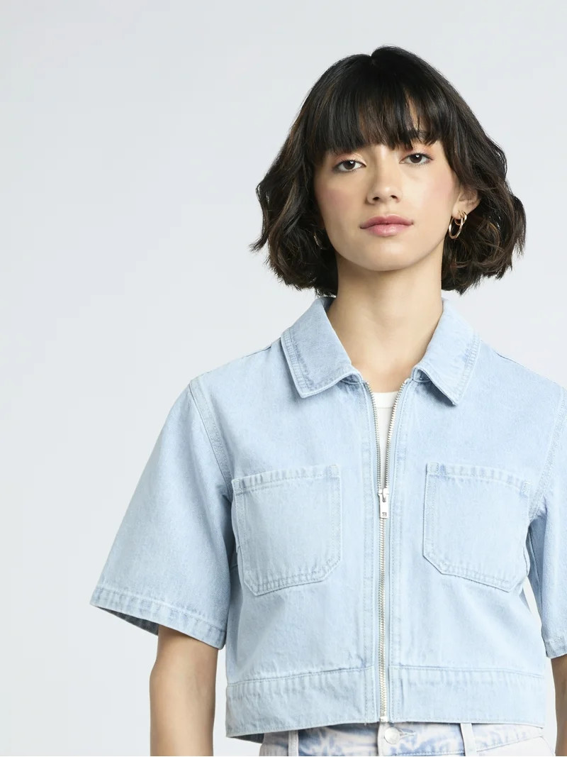 Madden NYC Women's Cropped Zip Up Trucker Jacket | Walmart (US)