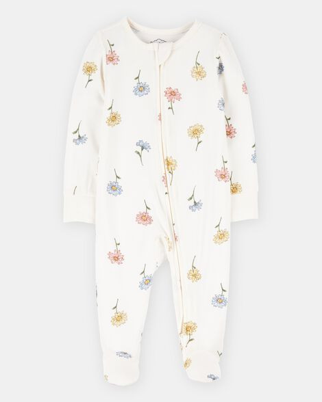 Baby Girl Floral Print 2-Way Zip PurelySoft Sleep & Play Pajamas - Ivory | Carter's Inc