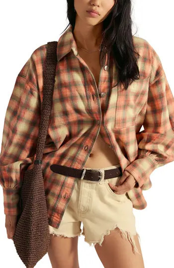 Free People We The Free Ashley Oversize Plaid Cotton Button-Up Shirt in Sand Combo - Gia Pla at Nordstrom Rack, Size X-Large | Nordstrom Rack