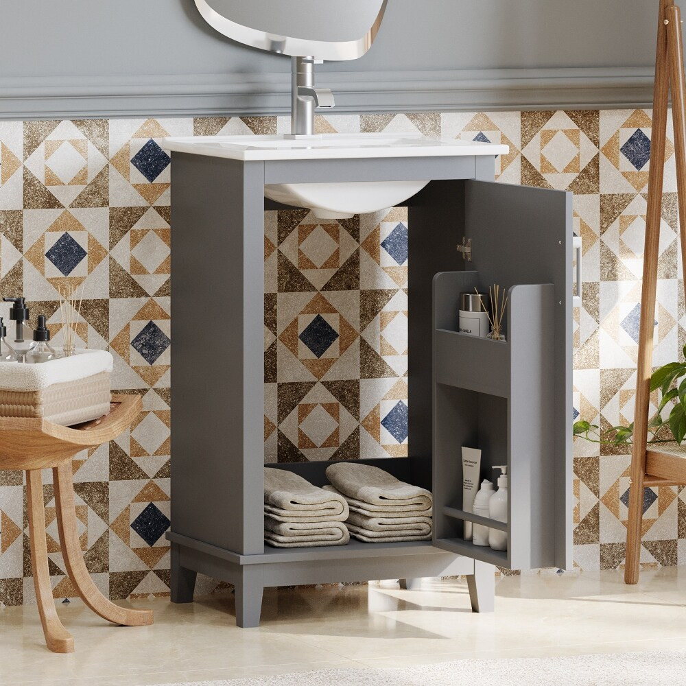 20 in. Modern Small Bathroom Vanity Cabinet with Ceramic Basin, Ample Storage, and 1 Soft Close Door | Bed Bath & Beyond