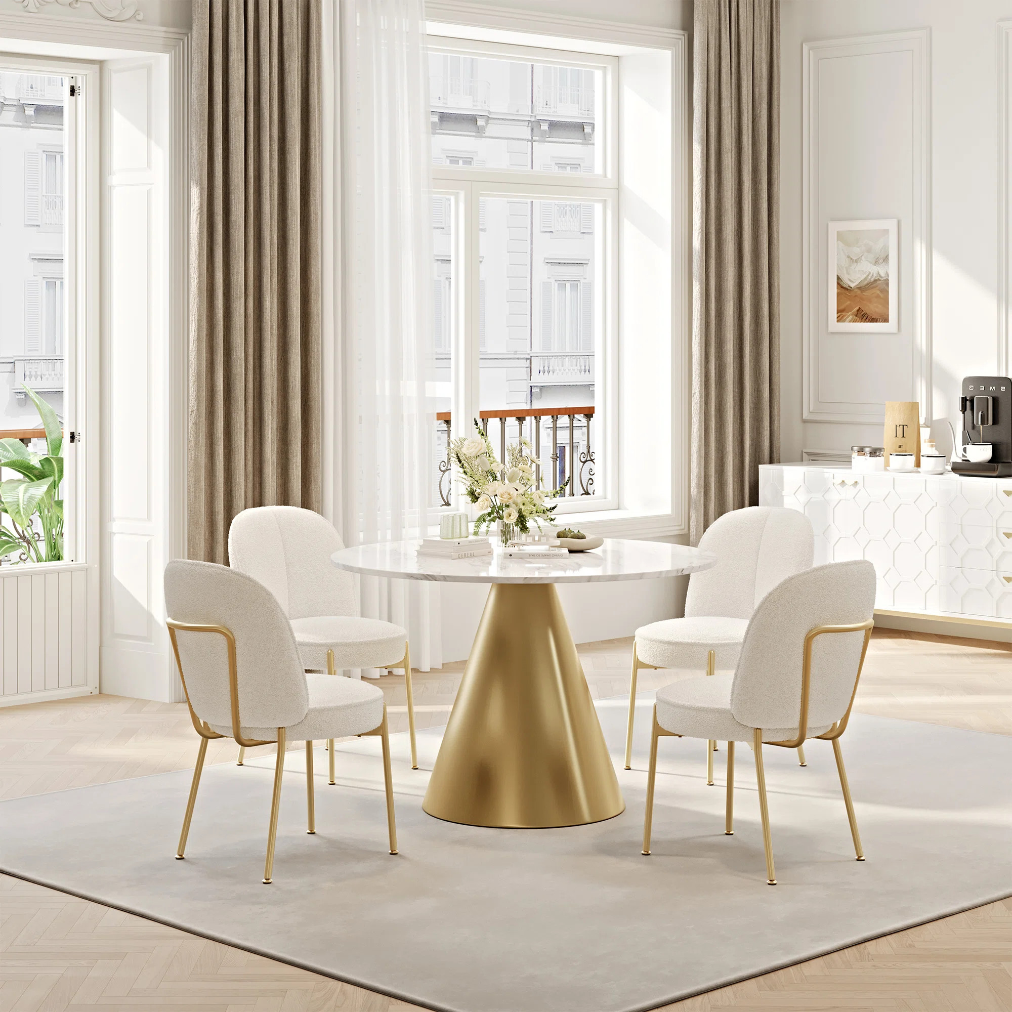 5 Piece White Marble Table Fabric Chair Dining Set | Wayfair North America