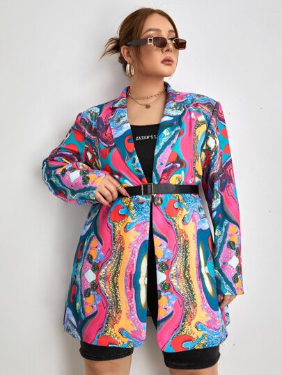 SHEIN Plus Marble Print Lapel Neck Blazer Without Belt | SHEIN