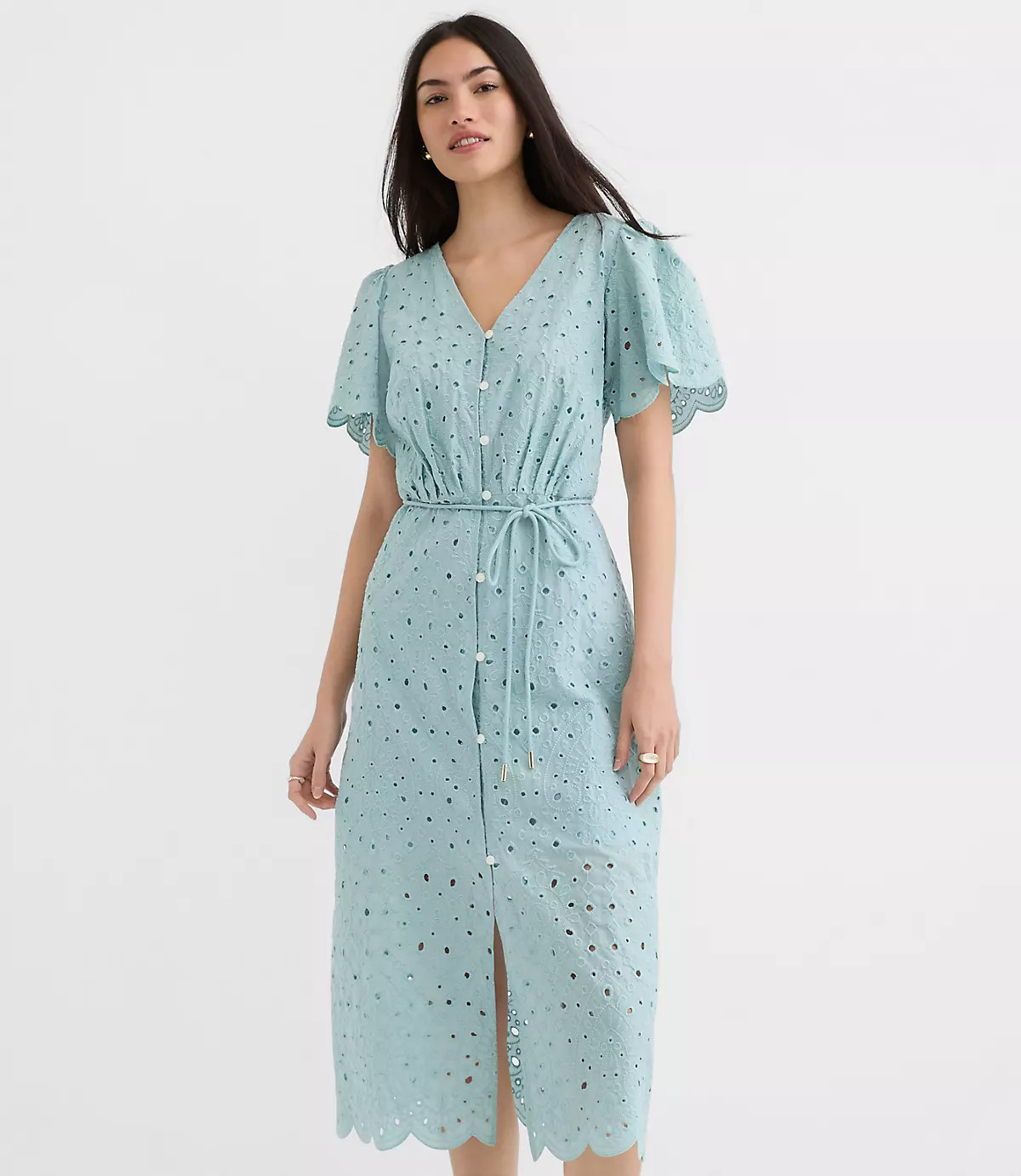 Scalloped Eyelet Midi Pocket Shirtdress | LOFT