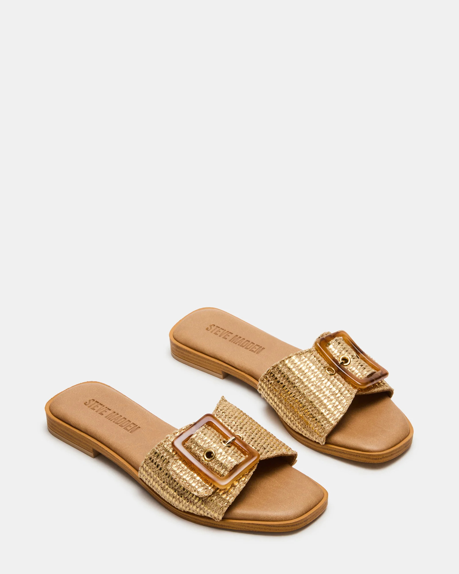 HAPP Gold Square-Toe Raffia Slide Women's Sandal | Steve Madden (US)