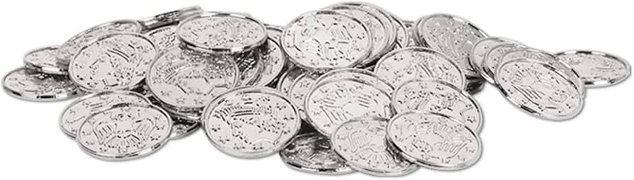 Beistle 100 Piece Silver Embossed Plastic Coins for Western Casino and Pirate Theme Treasure Ches... | Amazon (US)