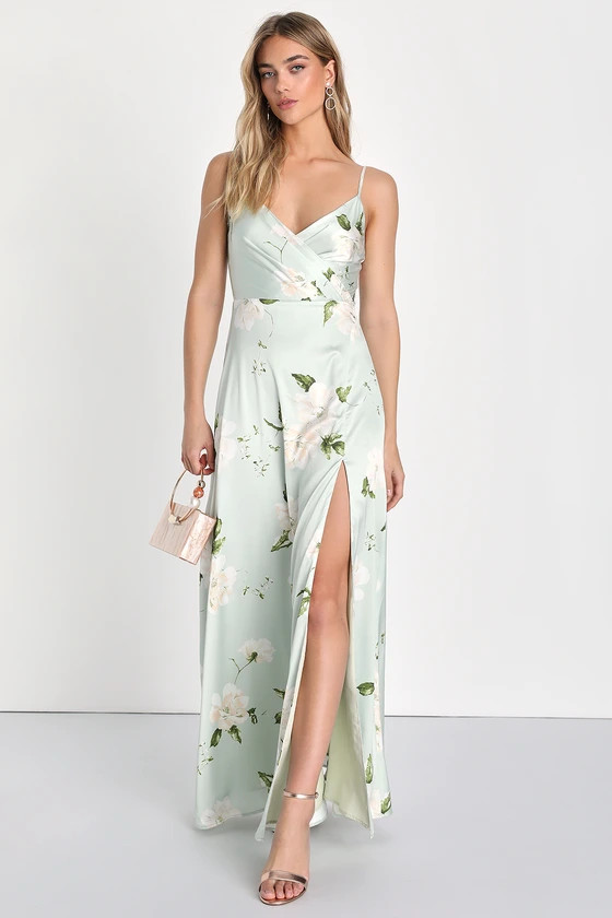 Radiant Occasion Light Green Floral Satin A-Line Maxi Dress | Lulus (US)
