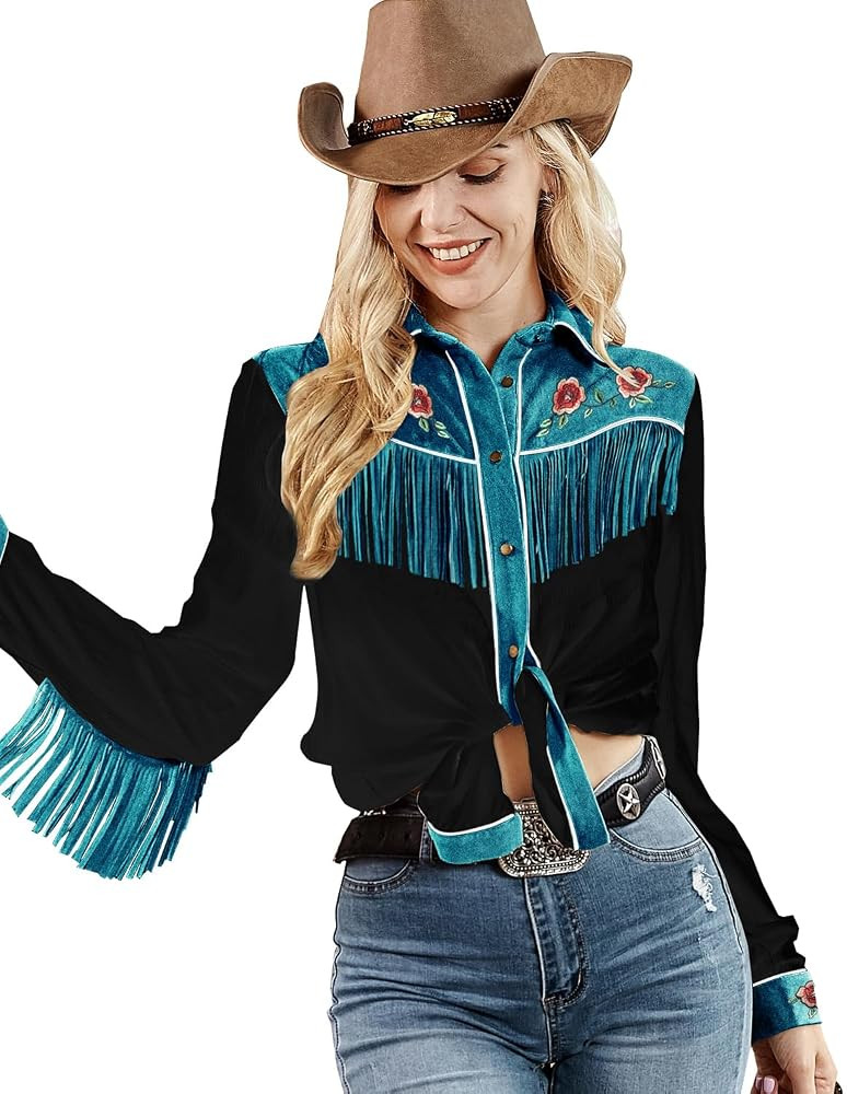 JOHN MOON Women Fringe Western Shirt Stretch Embroidered | Amazon (US)