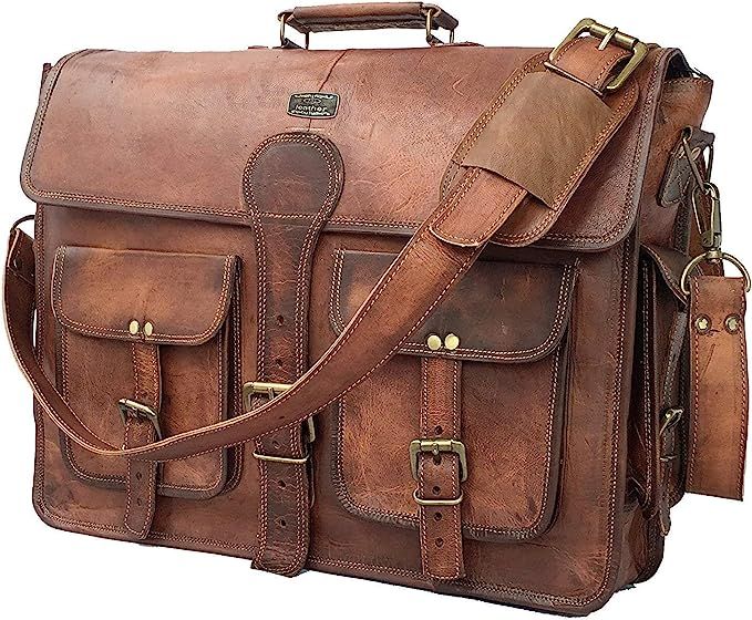 DHK 18 Inch Vintage Handmade Leather Travel Messenger Office Crossbody Bag Laptop Briefcase Compu... | Amazon (US)
