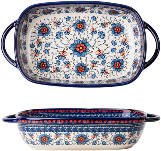 Bicuzat Blue and Orange Flower Vintage Style Ceramic Bakeware Casserole Dish Baking Pan Lasagna P... | Amazon (US)