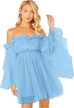 Romwe Women's Romantic Off Shoulder Flounce Long Sleeve Wedding Ruffle Mesh Party Mini Dress | Amazon (US)
