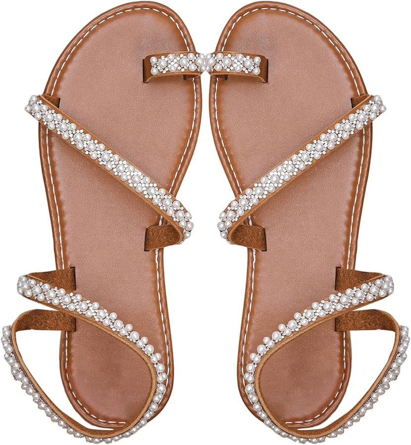 GORGLITTER Women's Pearl Strappy Flat Sandals Beaded Ankle Strap Toe Ring Summer Sandal | Amazon (US)