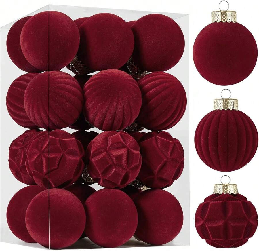 24pcs Velvet Ornaments For Christmas Tree -Flocked Shatterproof Christmas Ball Drations Plastic X... | SHEIN