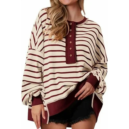 PRETTYGARDEN Womens Fall Striped Oversized Sweatshirt Long Sleeve Button Up Henley Neck Waffle Knit Pullover Tunic Tops | Walmart (US)