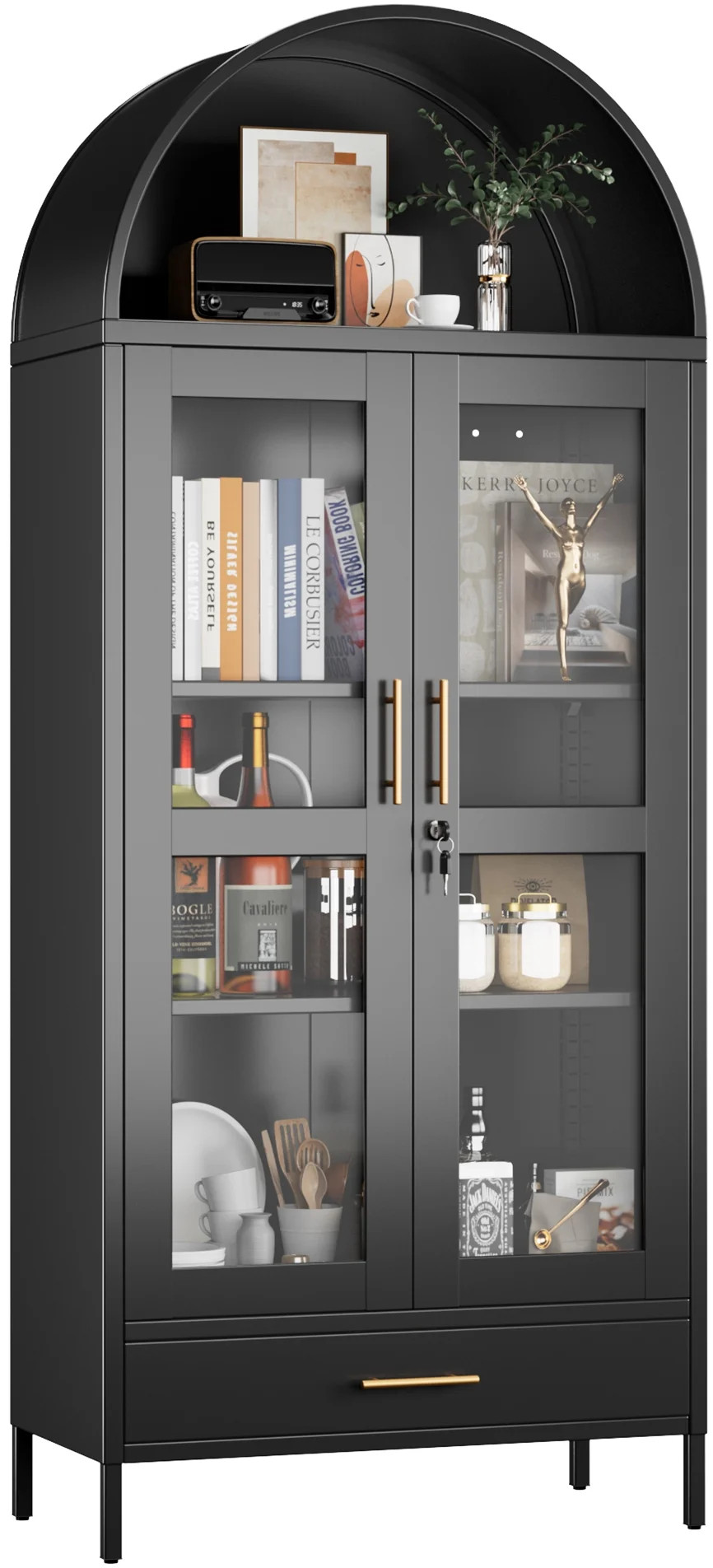 GangMei 73-Inch Tall Metal Arched Display Cabinet, Kitchen Pantry Cabinet with Glass Door, 1 Draw... | Walmart (US)