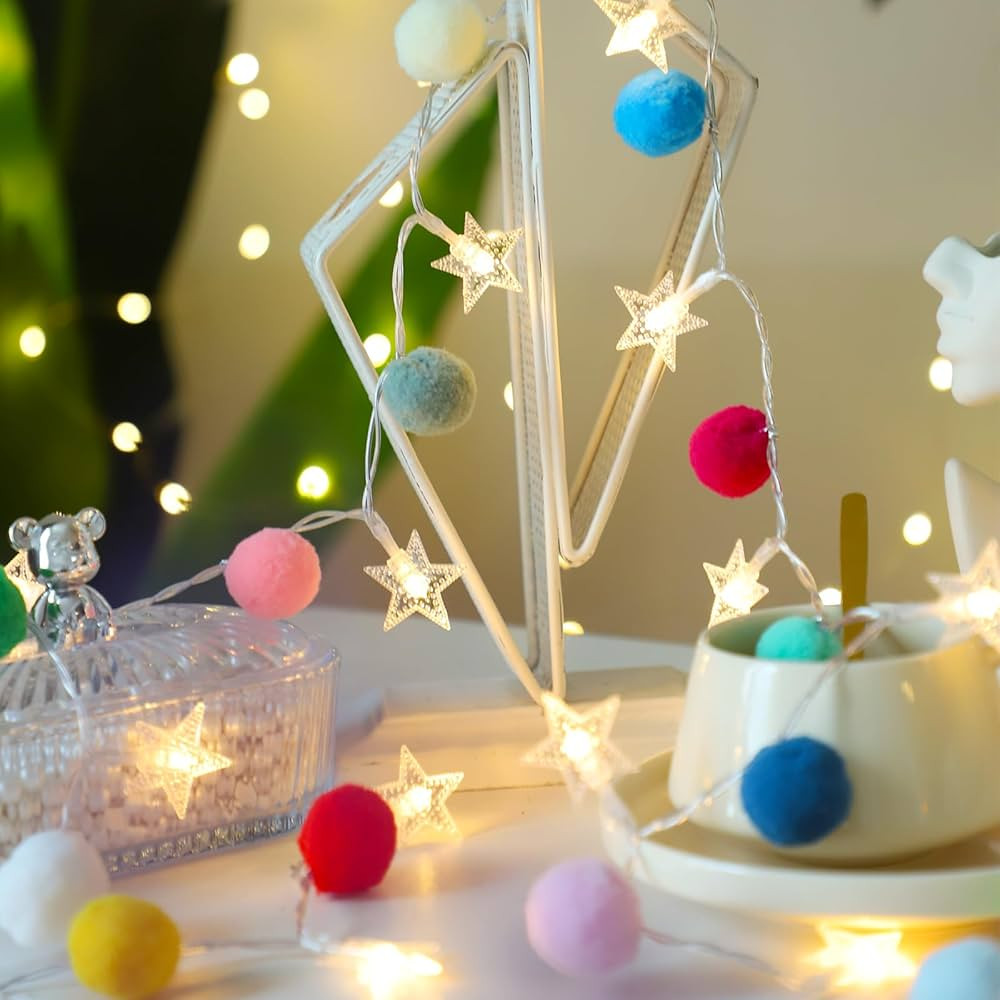 Indoor Pom Poms Star Lights - 6.56 Feet, 20 LED, Battery Operated, Warm White, Colorful Decor for... | Amazon (US)