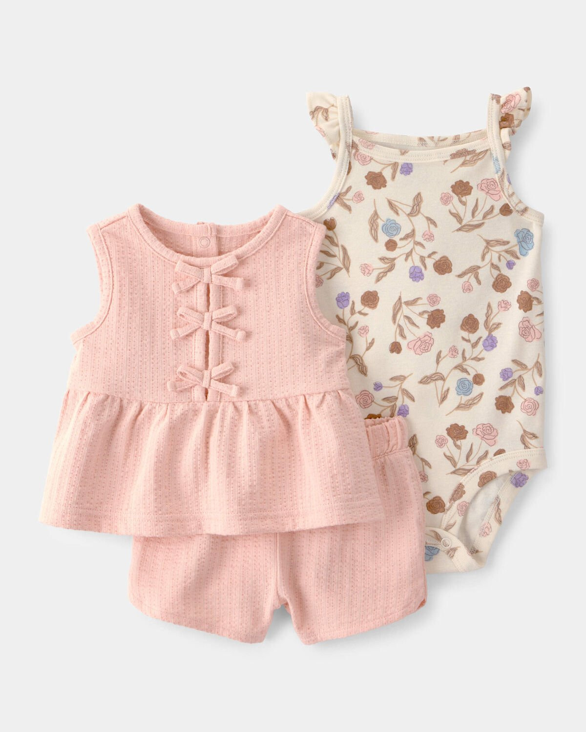 Baby Girl 3-Piece Floral Top, Bodysuit & Short Set - Pink/Cream | Carter's Inc