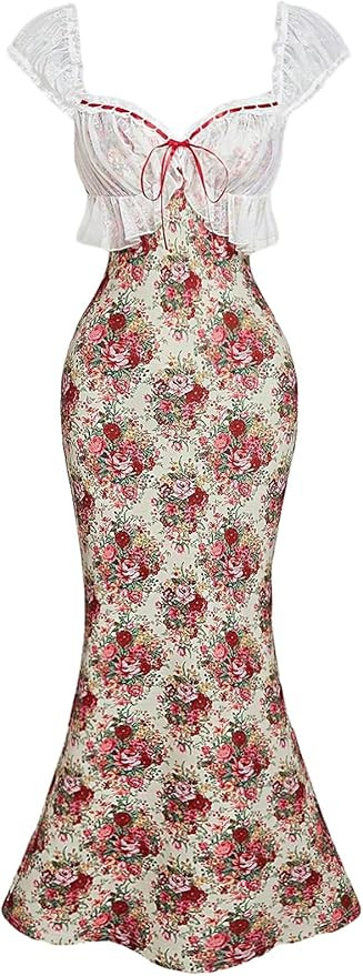 GORGLITTER Women's Floral Lace Fishtail Tea Party Sun Dresses Bow Summer Cocktail Graduation Prom... | Amazon (US)