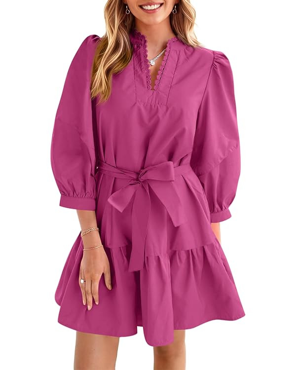 Cicy Bell Womens Puff 3/4 Sleeve Mini Dresses Bow Tie Waist V Neck Casual Trendy Ruffle Tiered Sh... | Amazon (US)