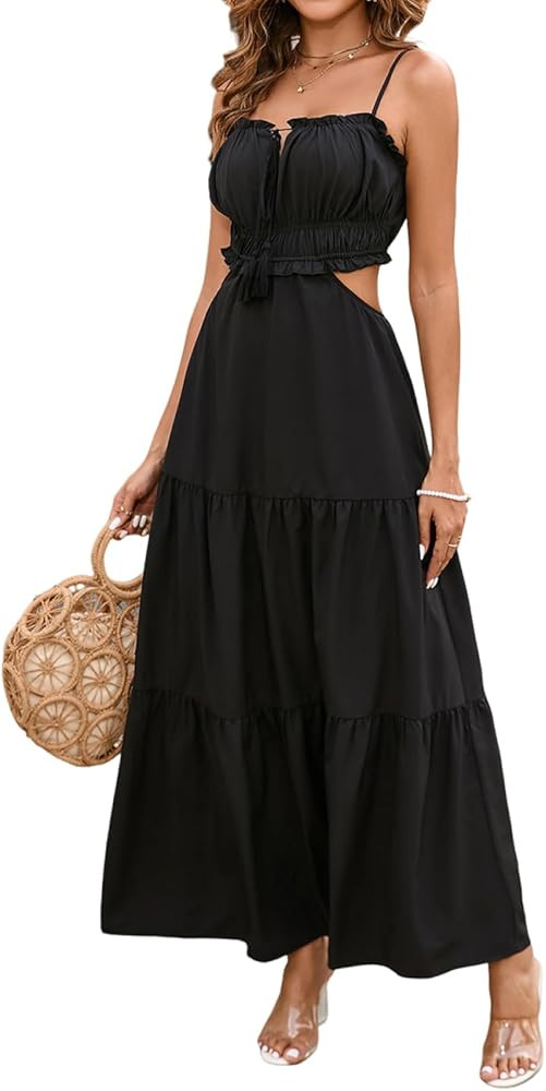 XinFSh Women's Summer Spaghetti Maxi Dress Boho Backless Milkmaid Cutout Dresses Casual Flowy Lon... | Amazon (US)