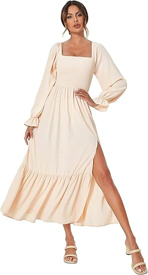 WDIRARA Women's Square Neck Flounce Shirred Ruffle Hem Elegant Long Sleeve Maxi Dress | Amazon (US)