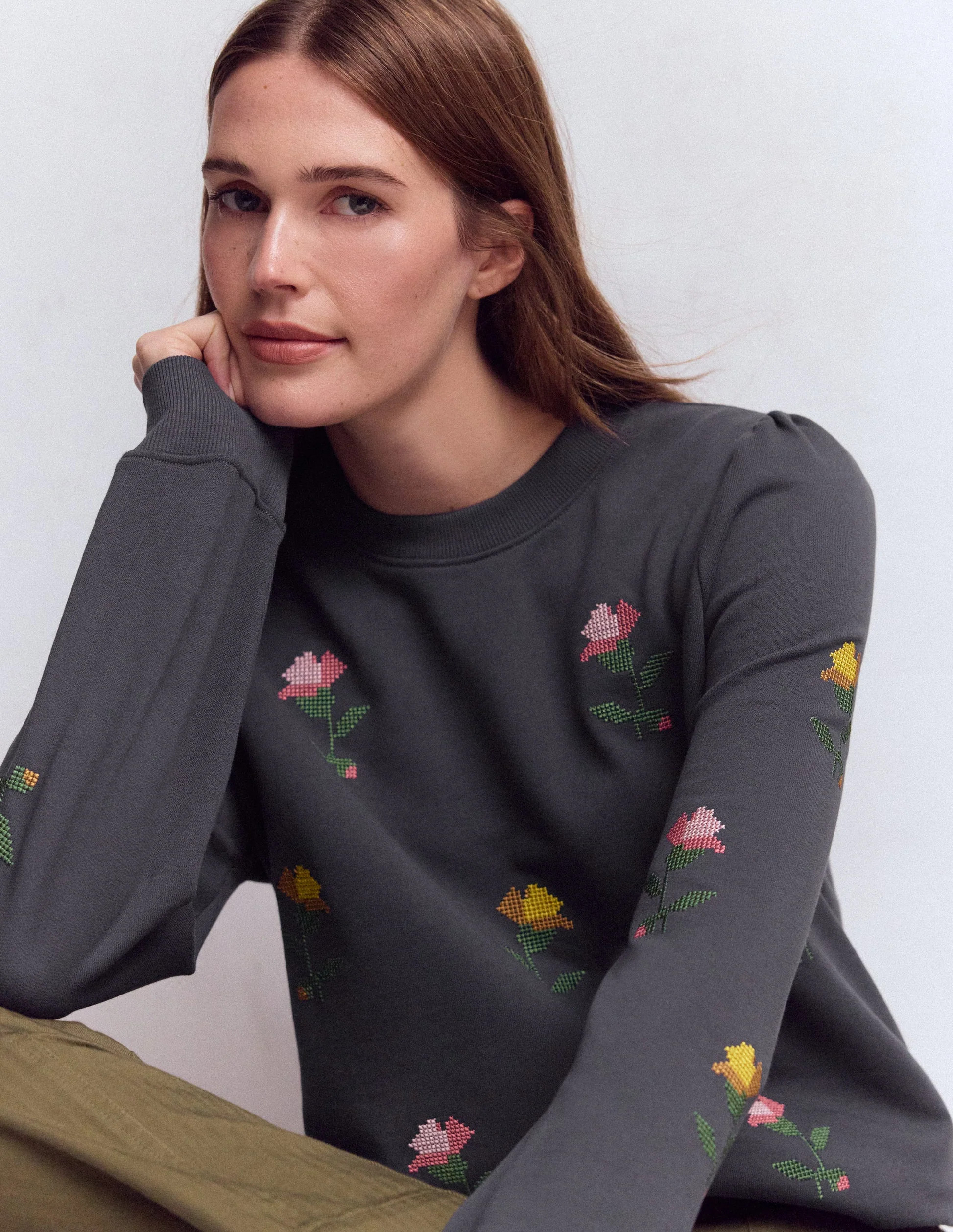 Puff Sleeve Embroidered Sweat-Cross Stitch Flower Embroidery | Boden (US)