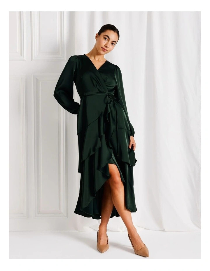 TokitoSatin Long Sleeve Ruffle Midi Dress in Dark Green | Myer