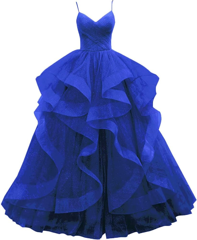 Glitter Tulle Prom Dresses Spaghetti Strap Tiered Ball Gown Ruffle Formal Evening Quinceanera Dre... | Amazon (US)