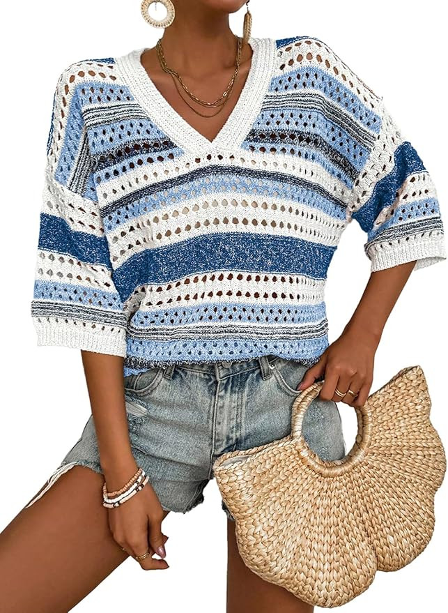 Acelitt Womens Short Sleeve Crochet Knit Sweater Hollow Out Striped Tops Beach Vacation Cruise Ou... | Amazon (US)