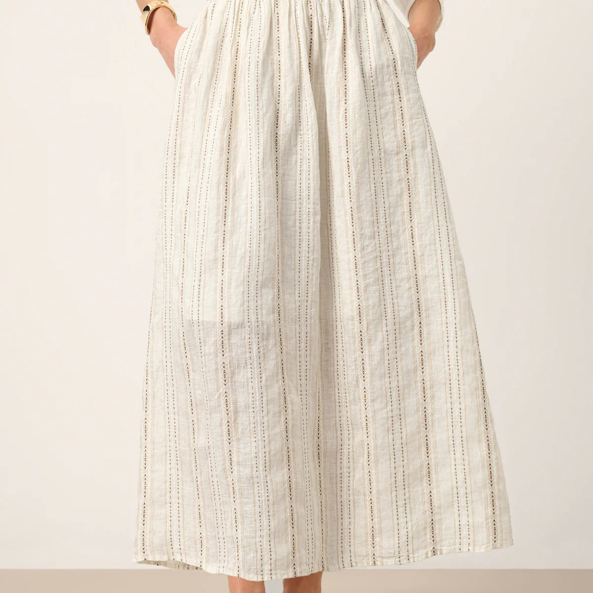 Linen Striped Contrast Trim A-Line Bohemian Skirt with Lining ISMERIE | LINTICO