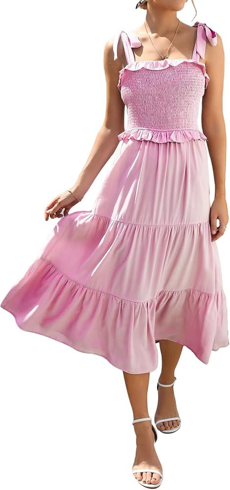 KOJOOIN Women's Summer Maxi Dress Casual Smocked High Waist Midi Dress with Pockets | Amazon (US)