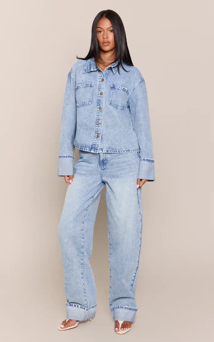 Washed Blue Tall Washed Mid Blue Turn Back Hem Barrel Jean | PrettyLittleThing USA | PrettyLittleThing US
