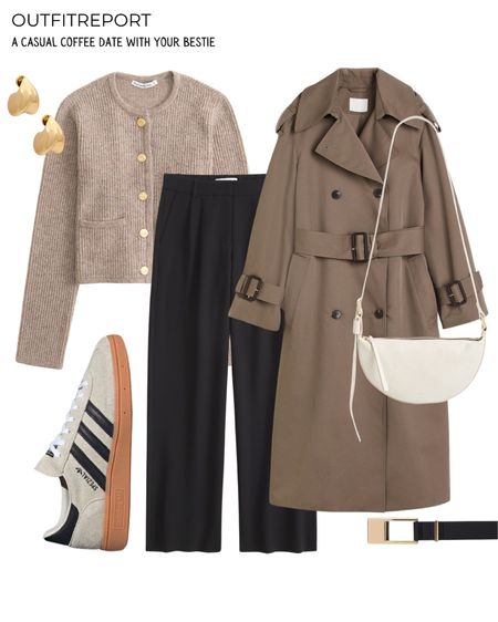 Casual coffee date outfit in trench coat jacket Adidas samba brown cardigan and black trousers 

#LTKshoecrush #LTKstyletip #LTKitbag