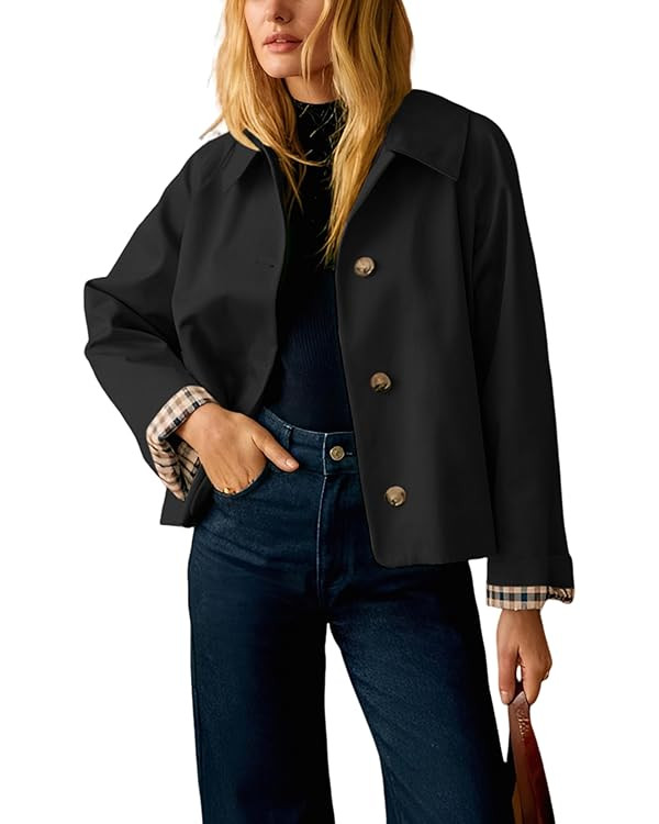 Dqbeng Womens Cropped Trench Coat Classic Collar Oversized Casual Jackets with Checkered Lining | Amazon (US)