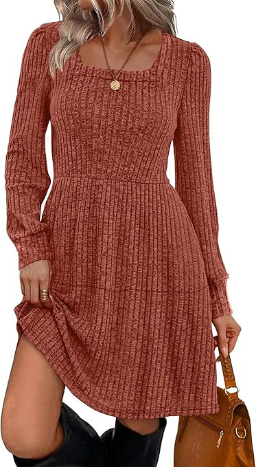 Sampeel Womens Square Neck Long Sleeve Fall Dresses Casual Babydoll Sweater Dress | Amazon (US)