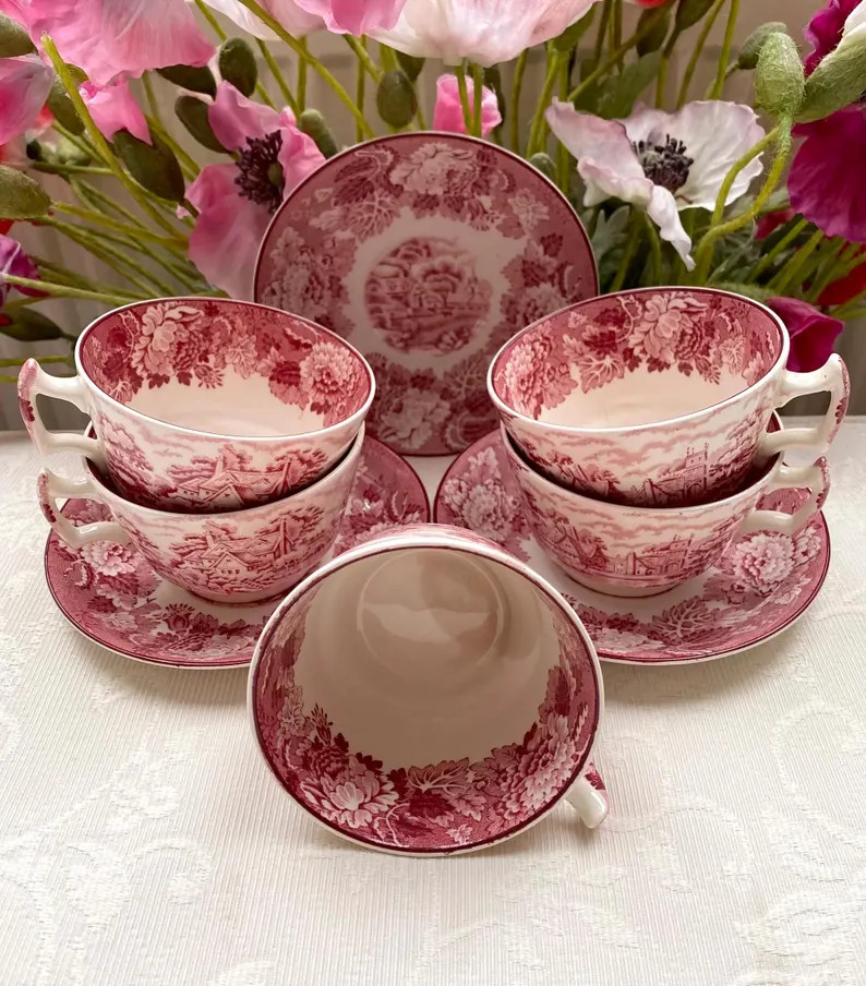 Price is for 1 Cup and 1 Saucer. Woods Ware Red Pink and off White. Tea Cup and Saucer Set Englis... | Etsy (US)