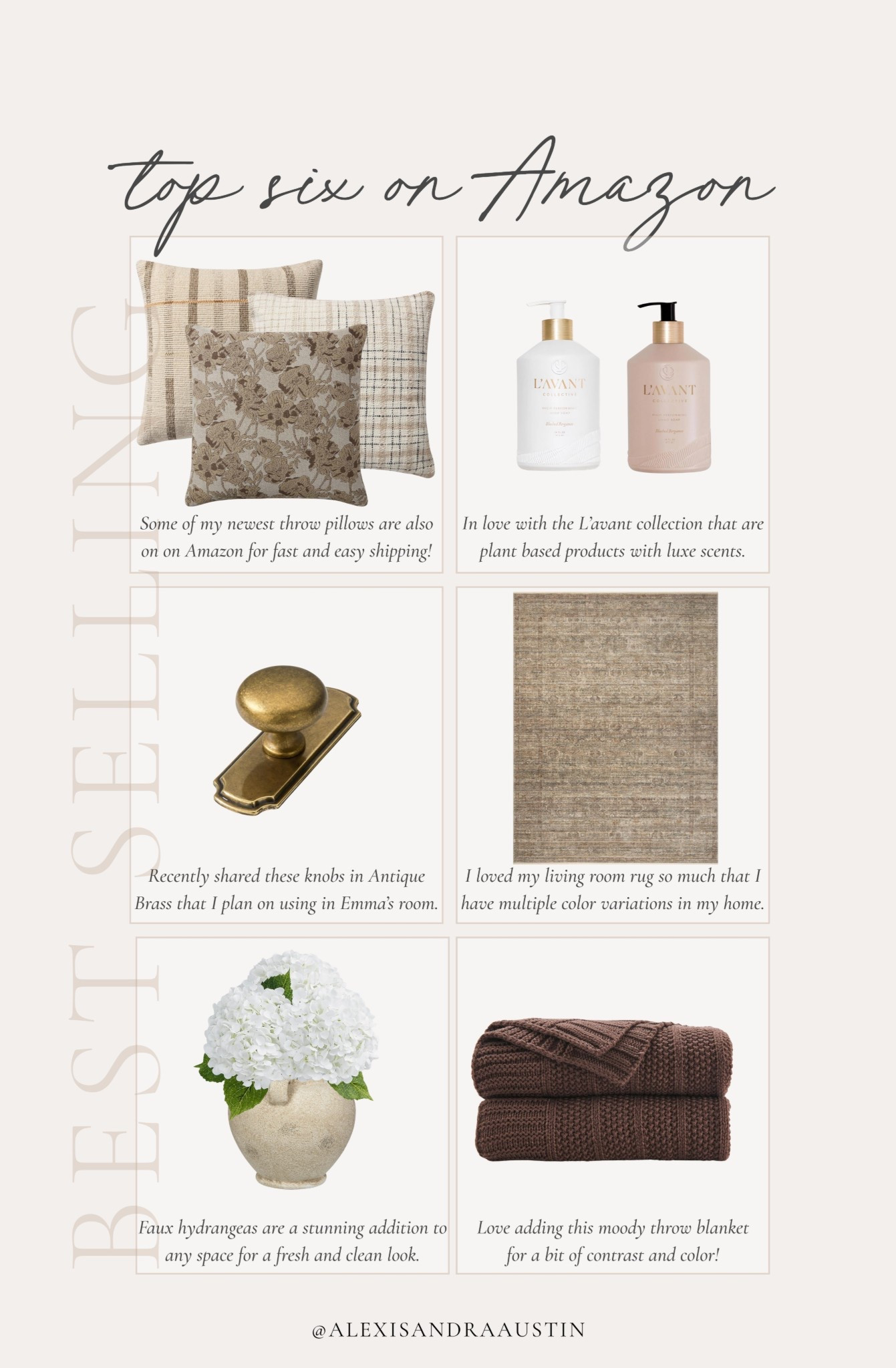 This week’s top six on Amazon! Love finding a great quality item on here to share including my newest brass hard ware and all time favorite L’avant collection.

Home finds, neutral home inspo, best sellers, found it on Amazon, cozy throw pillow, neutral area rug, brass hardware, cozy throw blanket, faux florals, neutral vase, Loloi, Amber Lewis, L’avant, living room refresh, bedroom refresh, shop the look!

#LTKSeasonal #LTKHome