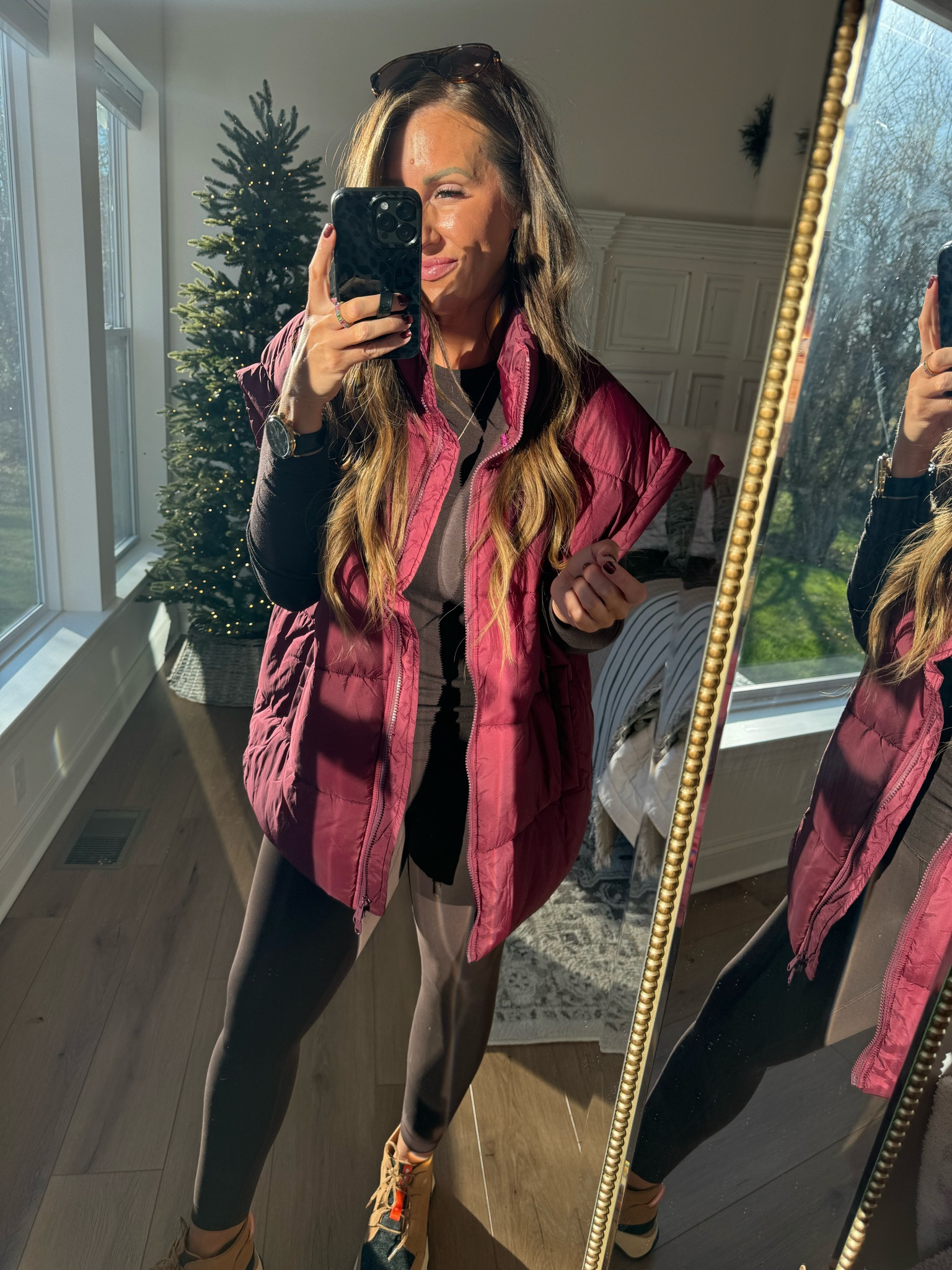 Sz large vest color is oxblood 
Sz 8 leggings color espresso 
Sz10 long sleeve color espresso 

#LTKover40 #LTKmidsize #LTKHoliday