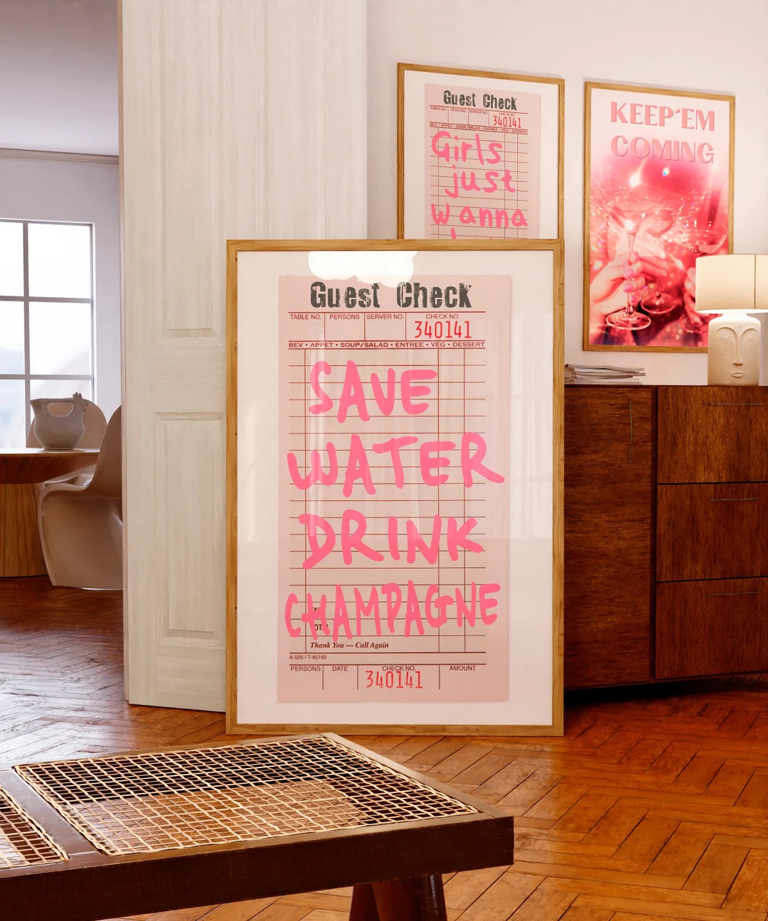 Save Water Drink Champagne poster Guest check print Retro party decor Bar cart poster Funky girly... | Etsy (US)
