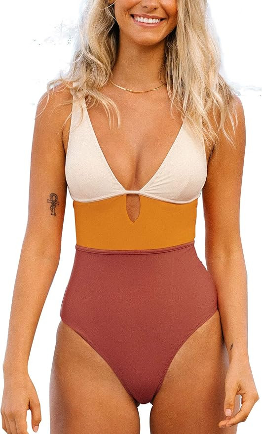 CUPSHE Women's One Piece Swimsuit Color Block Keyhole Cutout Bathing Suit | Amazon (US)