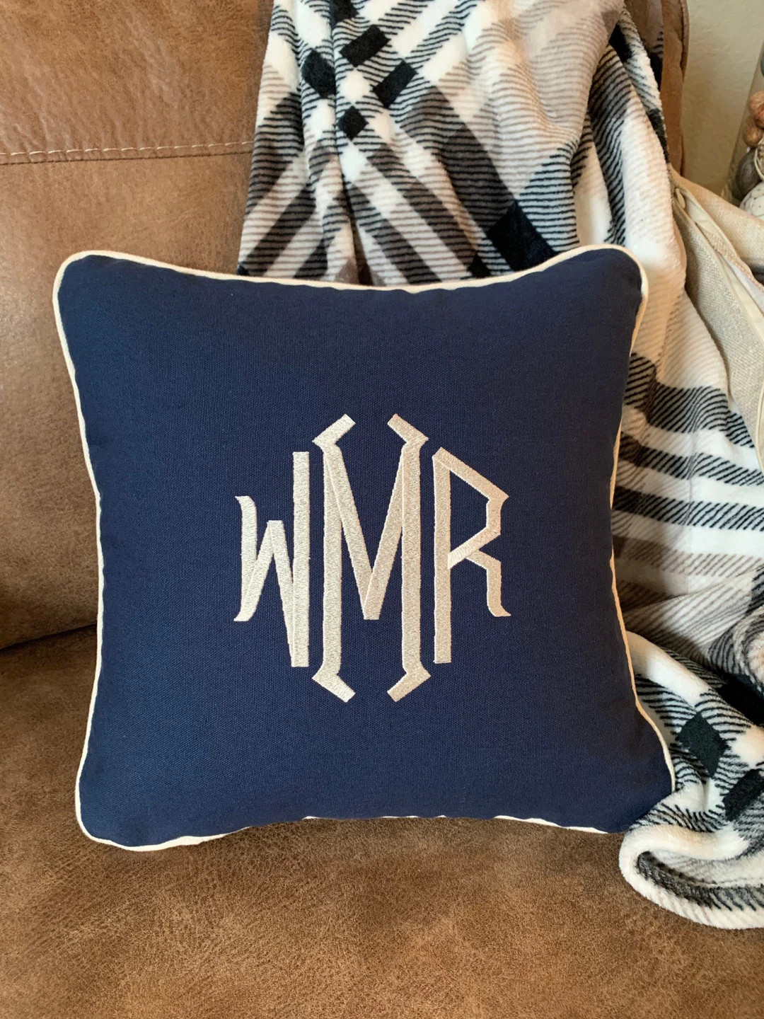 Monogram Pillow 16 X 16 Navy Blue Canvas Natural off White Piping Invisible Zipper Sofa Throw Pil... | Etsy (US)