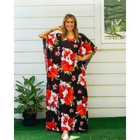 Hibiscus Floral Kimono Boho Kaftan Dress, Loose Fit Beachwear, Loungewear, Summer Clothing, Swimsuit | Etsy (US)