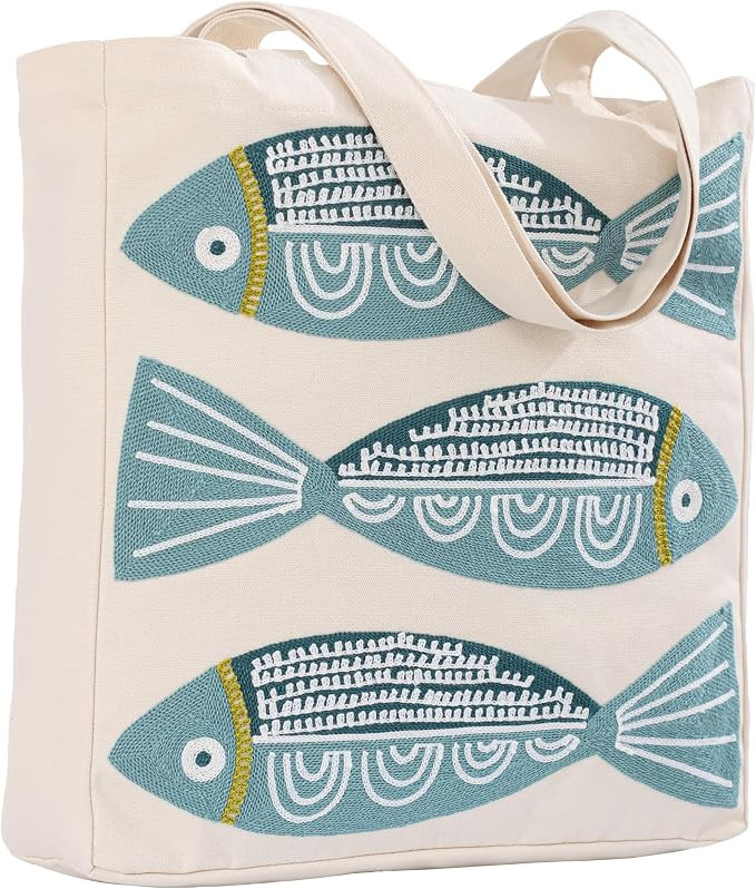 Ocean-Themed Embroidery Tote Bag for Women Summer Canvas Beach Bag Reusable Bag for Shopping Groc... | Amazon (US)