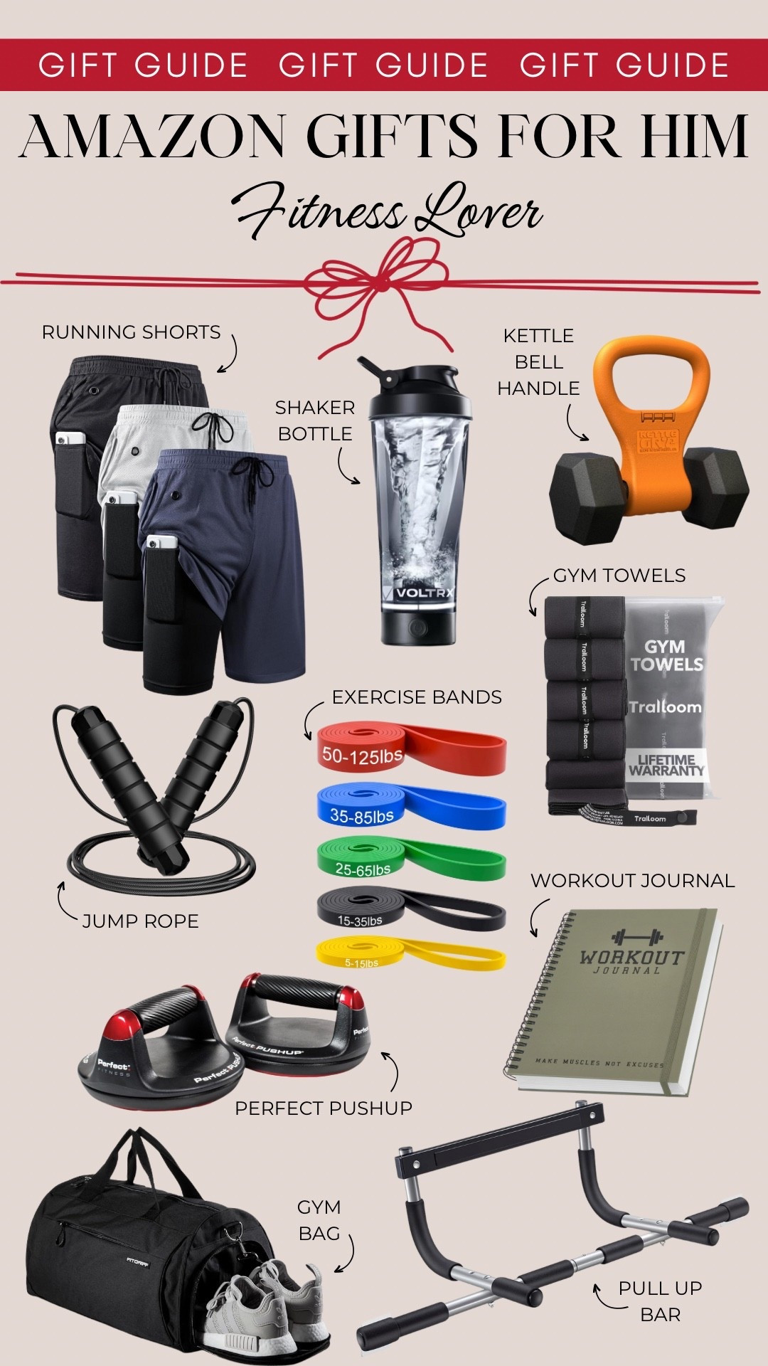 Amazon fitness gifts for him include running shorts, a shaker bottle, a kettle bell handle, jump rope, fitness bands, gym towels, pushup assist, a fitness journal, gym bag, and pull up bar.

Gift guide, gift guide for him, fits for dad, workout gifts

#LTKGiftGuide #LTKFindsUnder50 #LTKMens