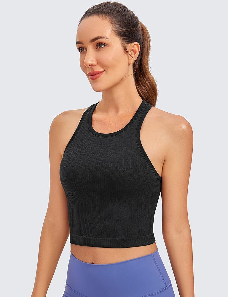 CRZ YOGA Womens Seamless Ribbed Longline High Neck Sports Bra - Racerback Padded Slim Fit Crop Ta... | Amazon (US)
