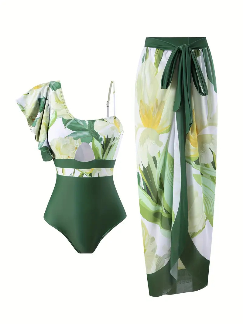 Plant Graphic Swimsuits Asymmetrical Ruffle Hem   - Temu | Temu Affiliate Program