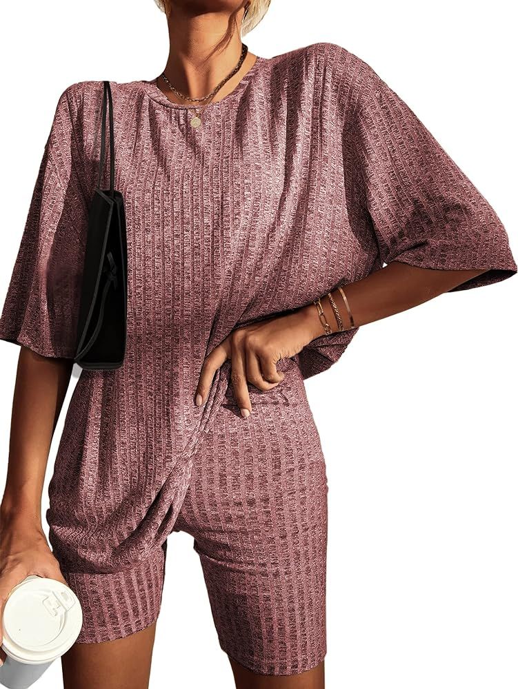 Ekouaer Pajamas 2 Piece Lounge Sets Ribbed Knit Matching Outfits T-shirt Biker Shorts Sleepwear Loun | Amazon (US)