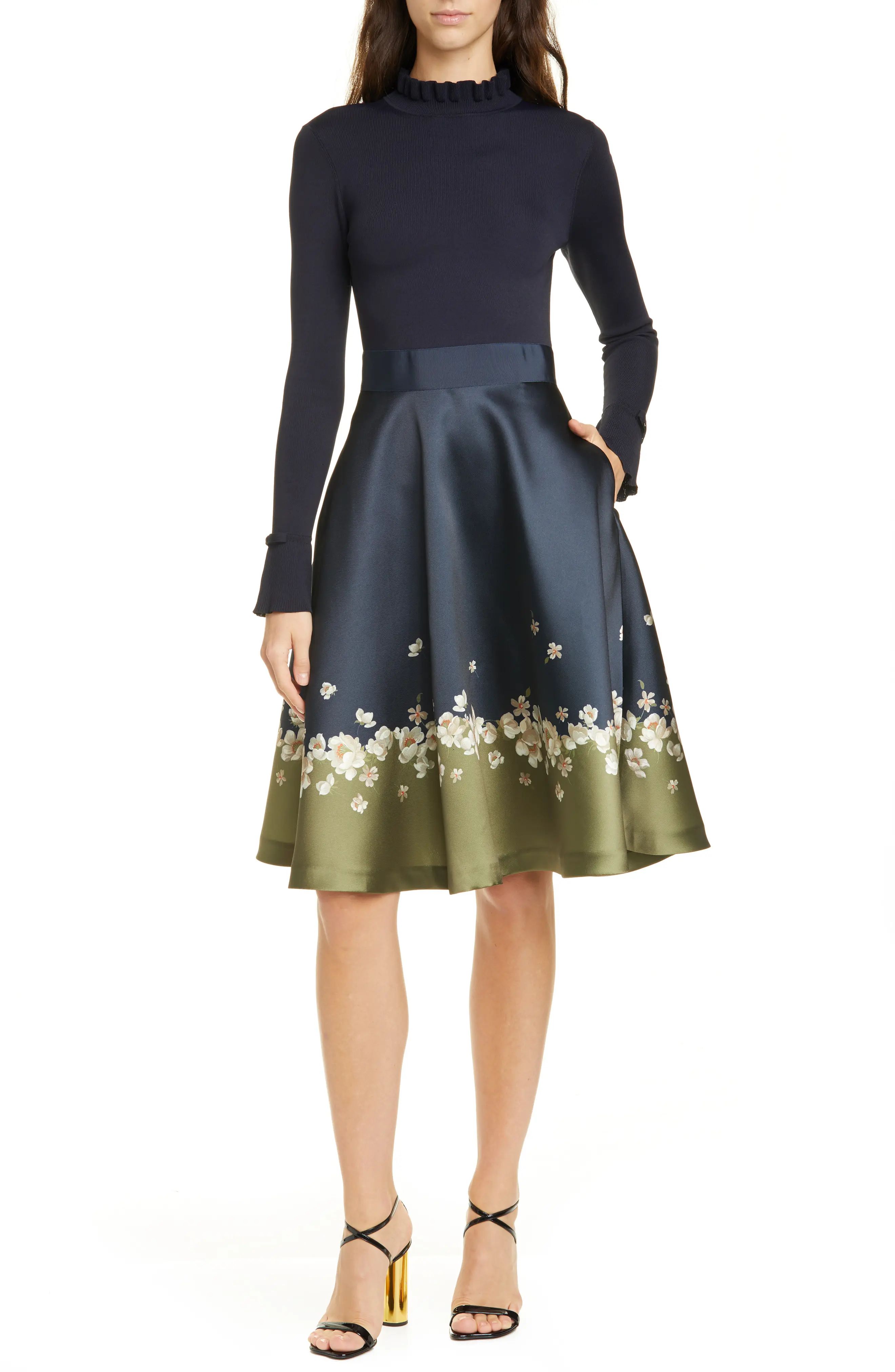 Women's Ted Baker London Pearl Mixed Media Long Sleeve Fit & Flare Dress, Size 4 (fits like 12 US) - | Nordstrom