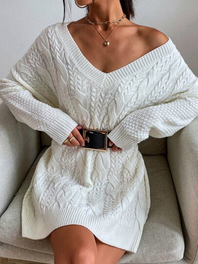 Cable Knit Drop Shoulder Sweater Dress Without Belt | SHEIN