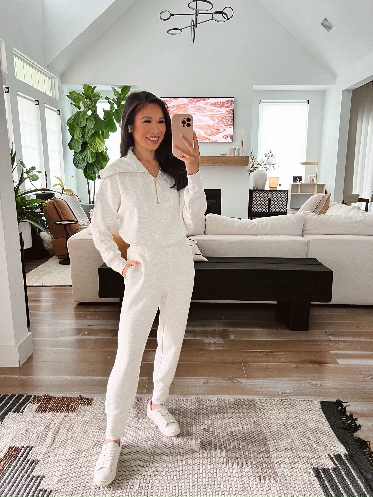 Cozy loungewear with super soft pullover half zip paired with slim cuffed joggers and sneakers for a chic look. I love this outfit for lounging or travel. Wearing size XXS in the bottoms and  in the pullover

#LTKootd #LTKTravel